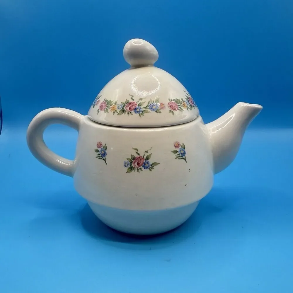 Vintage Floral Ceramic Teapot Pink Blue Roses Cottagecore Lidded Tea Pot AS IS